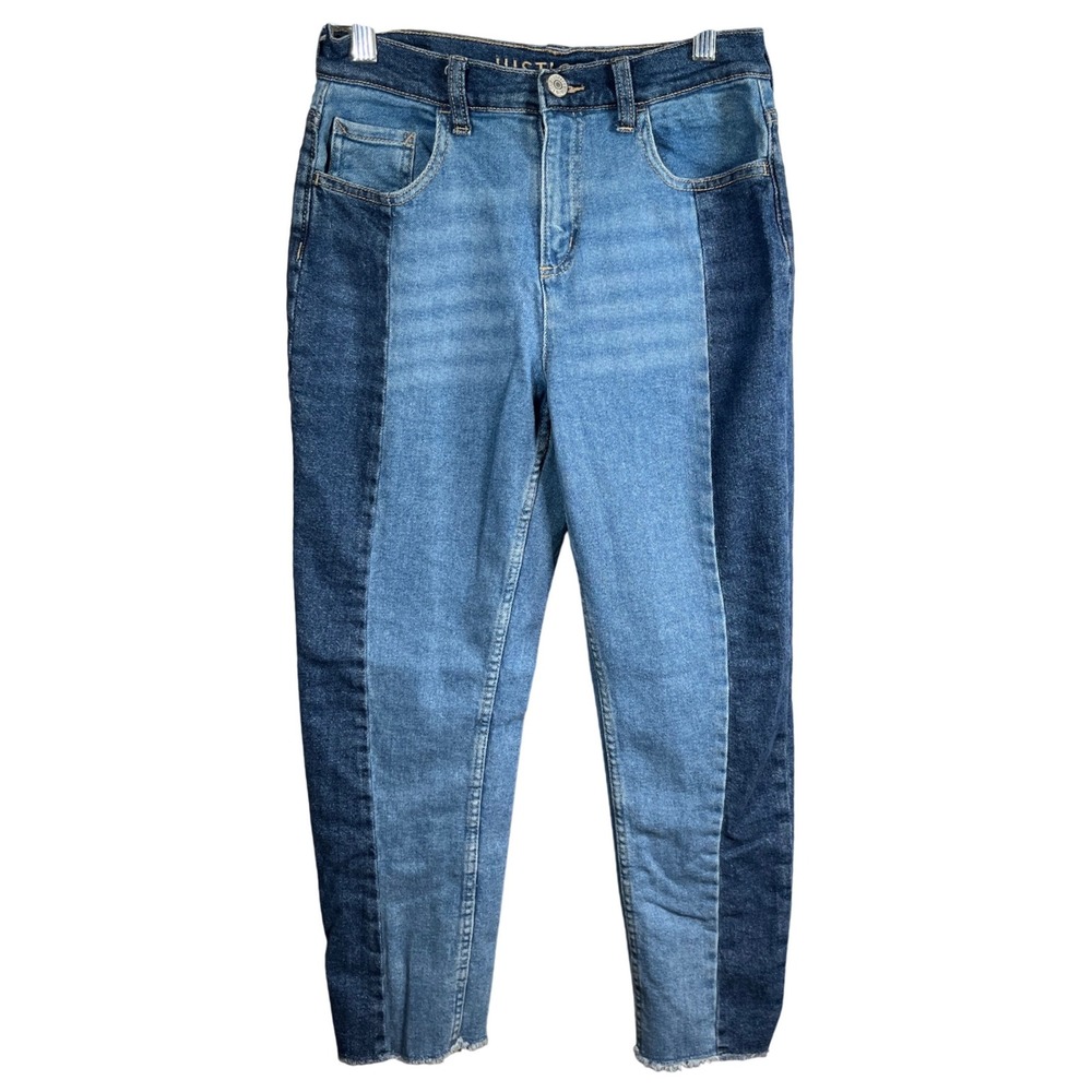 Justice Girls Two Tone Colorblock High Rise Jeans Blue Denim Size 18 Raw Hem